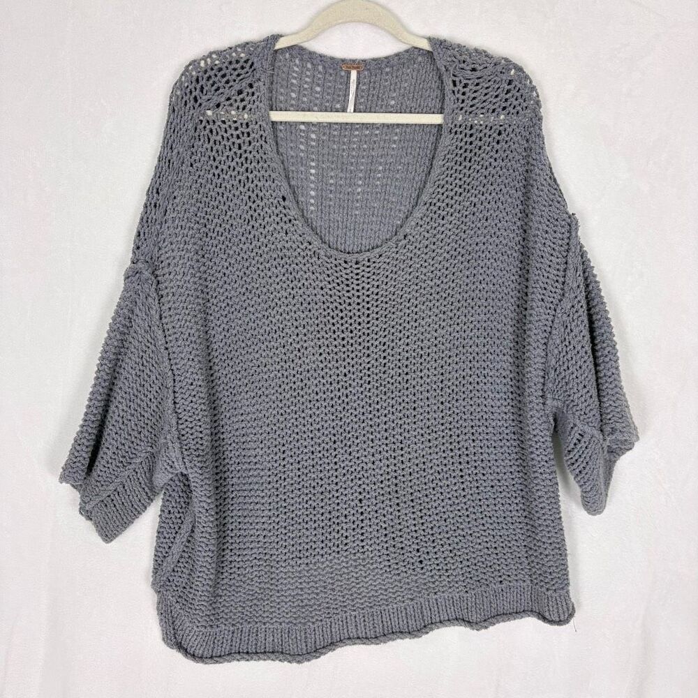Free People Greyish-Blue Open Knit Scoop‎ Neck Short Sleeve Sweater Size Small